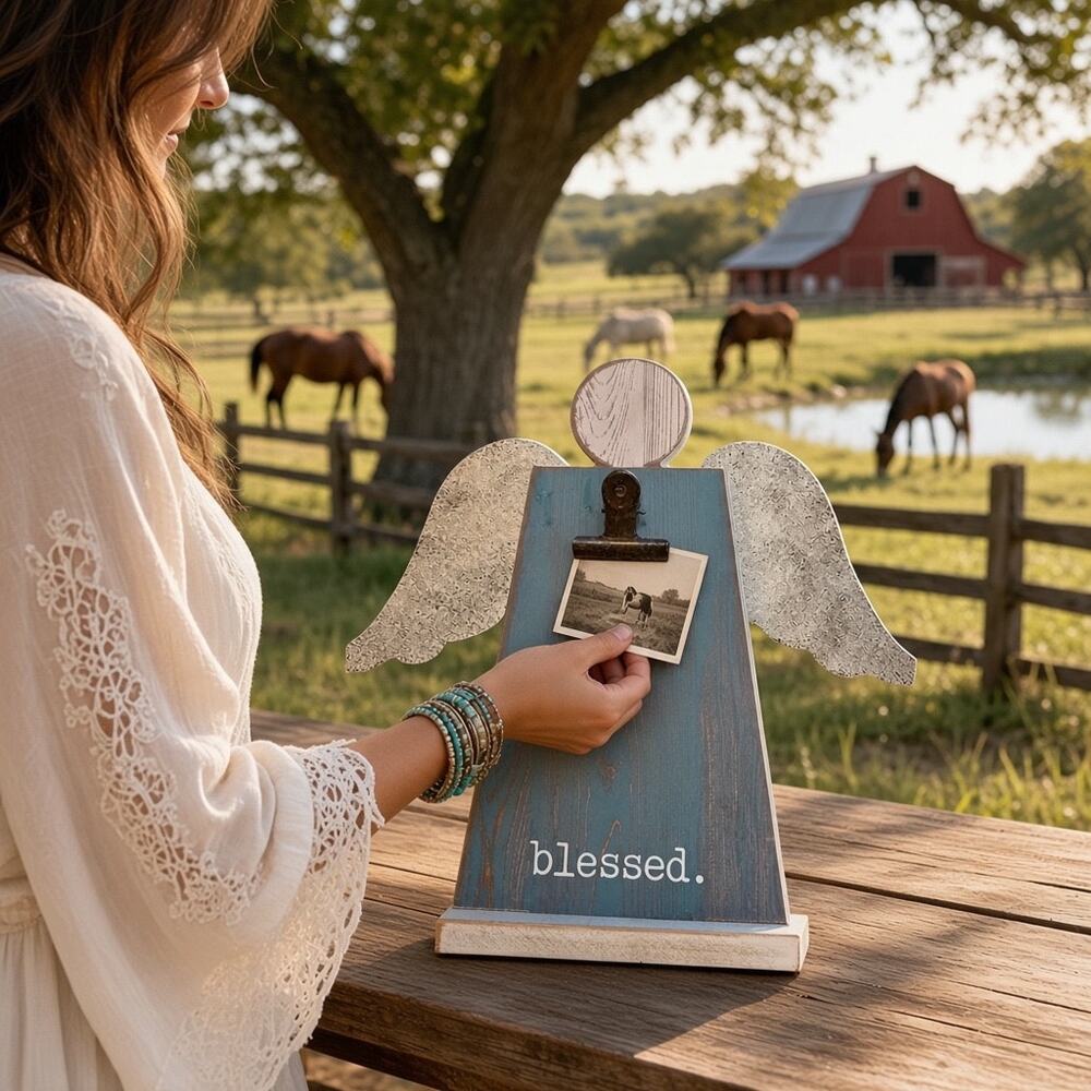 Rustic Wooden Angel Photo Holder Clipboard Blessed Farmhouse Wall Decor Blue